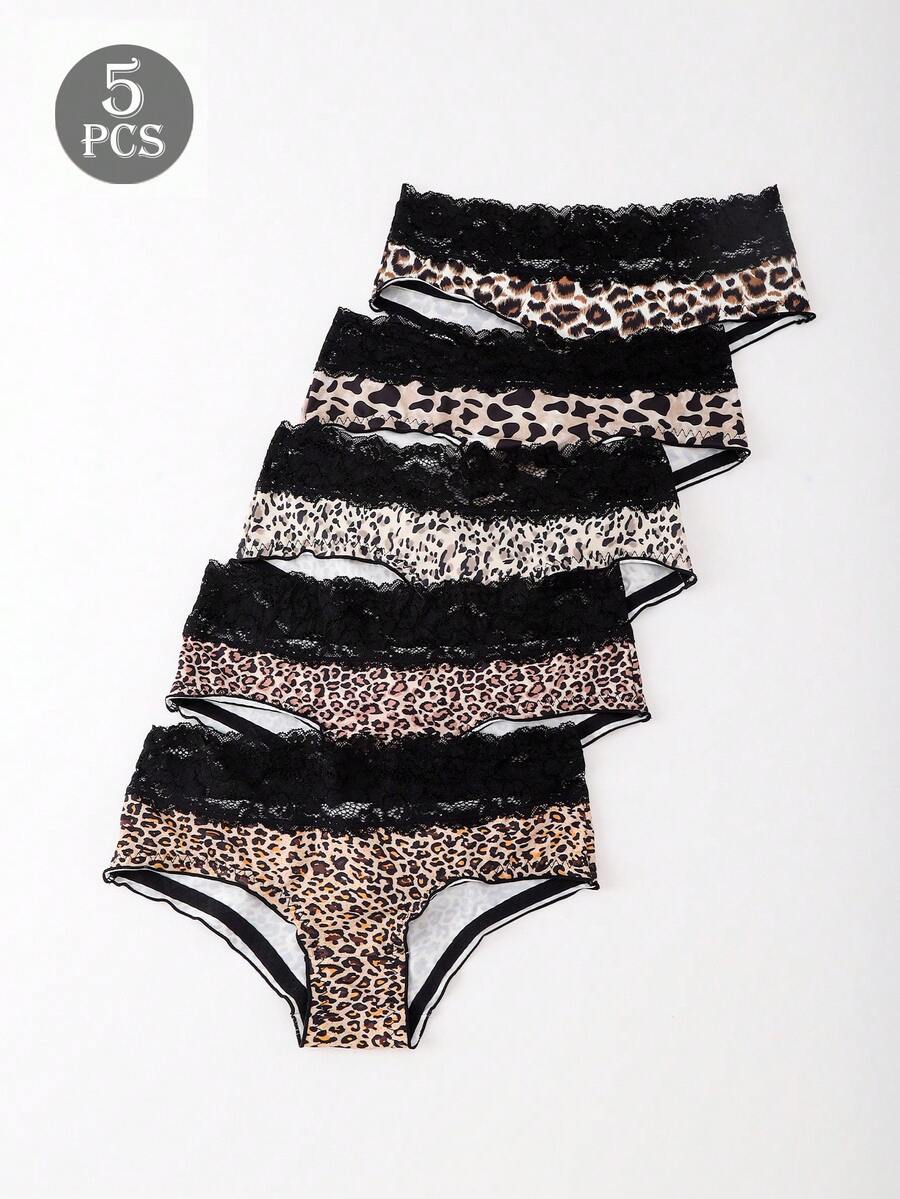 5pcs Black Lace Waistband Sexy Leopard Print Cool Silky Women's Low-Waist Bikini Briefs - Multicolor - View 1