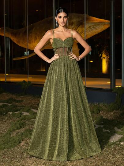 Faeriesty Elegante vestido de noche con brillos con corsé de espina de pescado y silueta en línea A - Perfecto para galas de alta gama, eventos de alfombra roja, bodas de lujo y aperturas de galerías de arte, conjunto a juego para Navidad