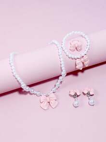 5 件套儿童仿珍珠蝴蝶结项链、手链、耳环、戒指首饰套装