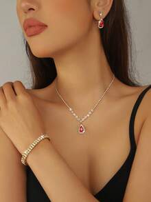 新娘首饰套装 - 项链、耳环、手链，缀满水钻和水滴，优雅精致 - 适合女性日常佩戴、婚礼、派对等场合。情人节配饰