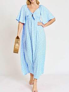 Boho Retro Floral Dot Rayon Mix Casual  Maxi Dress With Angel Sleeve Front Tie Versatile Summer Maxi Long Dress For Women - 藍色 - 查看 2