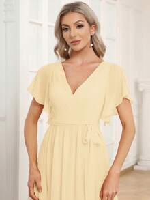 蝴蝶袖系带露背V领纯色雪纺伴娘礼服，优雅女士婚礼宾客礼服，春季半正式礼服 - 黃色 - 查看 6