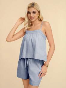 Women's Loose Casual Solid Color Two Piece Set - Navy Blue - View 1