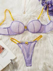 撞色性感设计女士时尚迷人蕾丝超薄诱人胸罩 - 透明贴身上衣和诱人丁字裤套装，适合约会、夜晚和浪漫场合 - 紫色 - 查看 1
