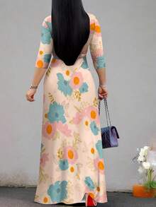 Women's Elegant Floral Print Dress With Drawstring Waist, V-Neck And 3/4 Sleeves - Flowing Spring/Summer Design, Suitable For Casual Or Formal Occasions - Multicolor - View 4