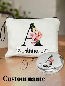 1 Set (Makeup Tasche + Makeup Spiegel) personalisierte Name Leinwand Makeup Tasche mit 26 englischen Buchstaben, individuelle Handtasche, personalisierte Buchstaben Kulturtasche, personalisierter Makeup Spiegel, Taschenspiegel, Muttertags Geschenk, Hochzeitssaison andere Feste, Schönheit & Gesundheit, schicker Herbst, perfektes Geschenk als Hochzeitsandenken - Verschiedenfarbig - Übersicht 1
