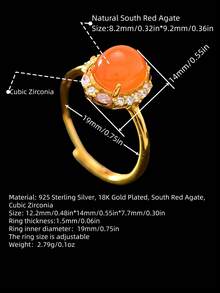 1pc Natural South Red Agate Oval Vintage Ring, Ins Style Women's Jewelry, S925 Silver Plated Inlaid With Hand-Made Semi-Precious Stones, Light Luxury And Elegant Design, Micro-Inlaid Cubic Zirconia, Adjustable Size, Glamorous High-End Exquisite Jewelry Ladies Gift With Gift Box. Suitable For Daily Wear, Festivals, Holidays, Parties, Valentine's Day, Mother's Day, Wedding Anniversary Gifts And Other Holiday Gifts - Natural Red Oval Vintage Ring - View 2