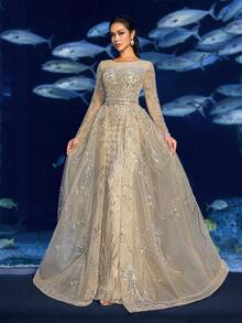 Faeriesty Haute Glamour Luxurious Sequined Mermaid Gown With Intricate Beading & Long Sleeves - Regal Underwater Fantasy Dress For Garden Banquets, Red Carpet Events, Underwater Photoshoots & Marine-Themed Weddings - Rượu sâm banh - Xem 5