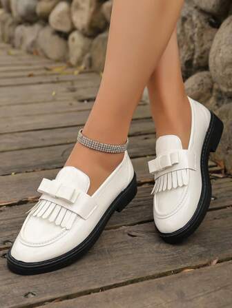 Women's Casual Butterfly Preppy Style PU Leather Tassel Loafer Shoes, For Office, Home, Outdoor, All Seasons