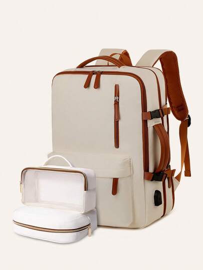 可扩展旅行背包，带衣物收纳袋，大容量多用途女士笔记本电脑背包 - 黑色，可调节肩带，多个隔层，尼龙材质，商务背包 | 可扩展口袋 | 有序收纳，时尚书包带铅笔袋