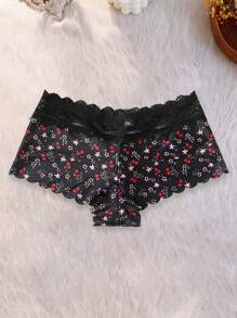 4 Stücke/Packung mit Kirsch- und Leopardenmuster, einfarbig, eleganter reifer Charme, luxuriös romantisch, französische Spitze Splice nahtlose atmungsaktive Damen-Höschen