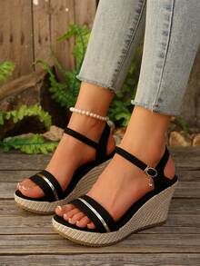 Giày sandal đế xuồng nhẹ màu trơn cho nữ, thiết kế xỏ ngón, giày sang trọng và thời trang, giày nữ thường ngày thoải mái, thiết kế mới mùa hè 2025, thích hợp cho du lịch, dã ngoại và những dịp trang trọng - màu đen - Xem 6