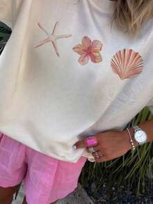 Summer Apricot Short-Sleeve Top Decorated With Shell And Starfish Patterns. Relaxed Style, Easy To Match. Casual White - White - View 6
