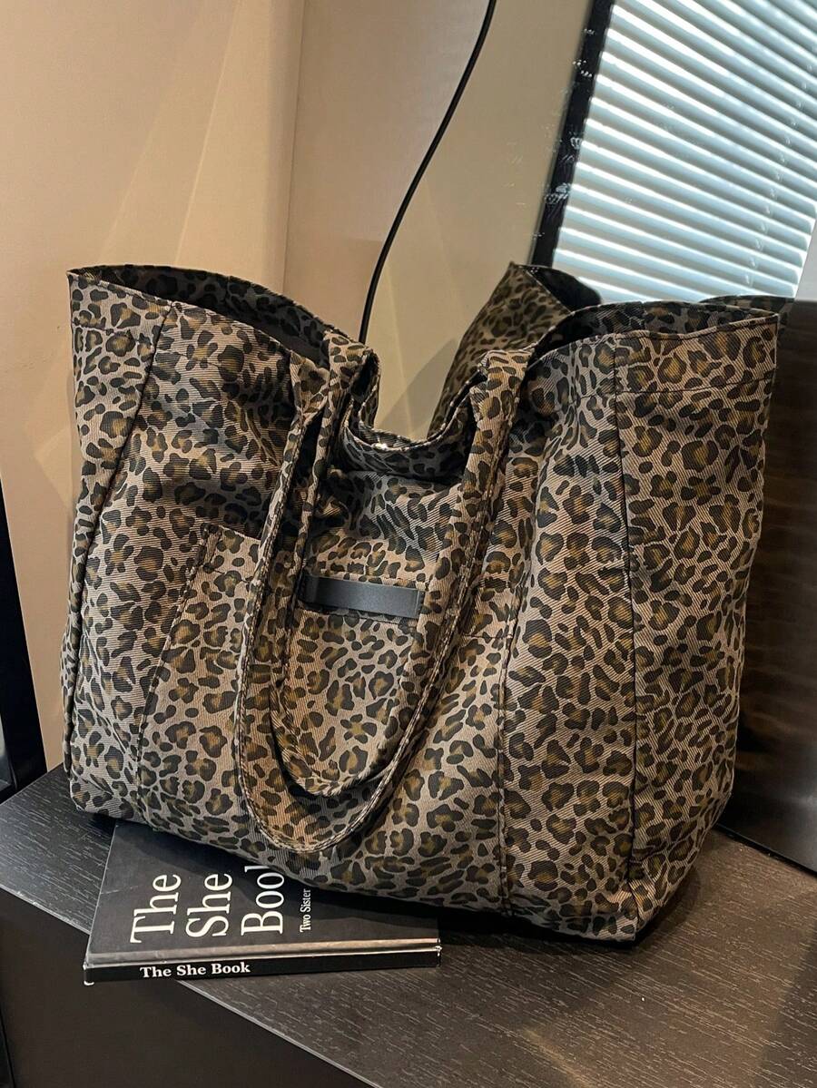 Funky Fashionable Stylish Leopard Print With Adjustable Strap Large Capacity Tote Bag, Everyday Bag, Etc. Perfect For Daily Use - Suitable For Traveling, Work Or Shopping,University, College Classroom , Commute,School, Etc. For Women, Rookies & White-Collar Workers,Girl, College Students,Young Girl - Coffee Brown - View 1