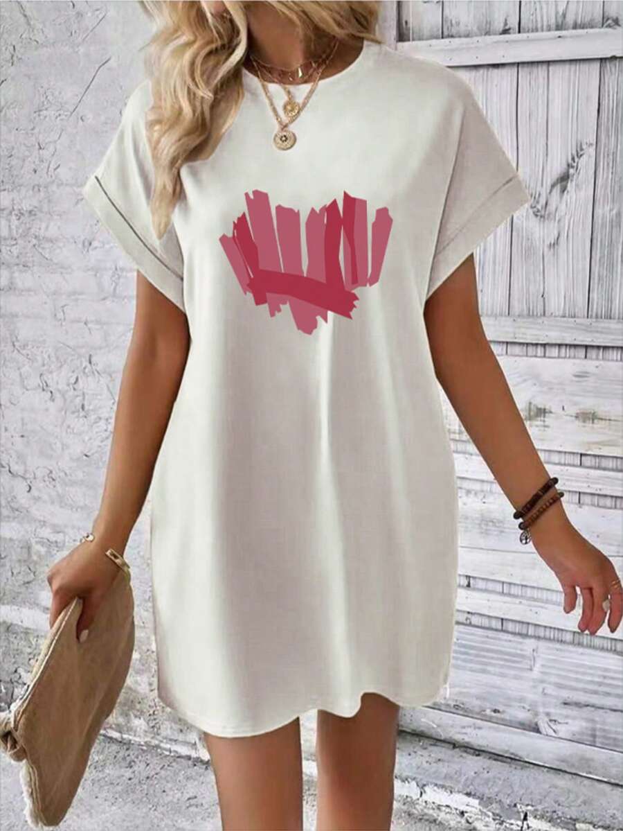 Camiseta larga de mujer con estampado geométrico de corazones y bolsillos Vestido corto de señora, pinceles, corazones, garabatos. - Blanco - Ver 1