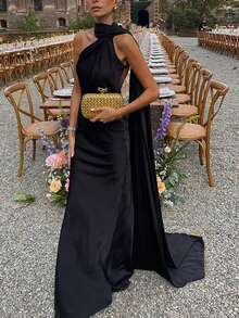 优雅丝带长款派对连衣裙，纯色无袖女装2025春夏，独特的女士晚礼服，纯色梭织面料，夏季 - 黑色 - 查看 2