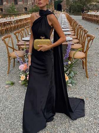 Elegante vestido de fiesta largo con cinta, vestido de mujer de color liso sin mangas para primavera/verano 2025, vestido de noche distintivo para damas, de tela tejida de unicolor, para el verano