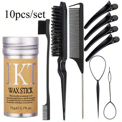 ikt 10 件套发蜡棒套装，头发顺滑蜡棒，散落发蜡棒，发胶棒，不油腻造型发膏，适用于散落头发和边缘控制卷曲头发配套套装梳子五件套。