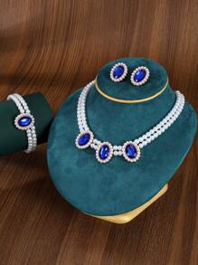4pcs/Set Elegant Minimalist Jewelry Set For Women: 1pc Pearl Necklace, 1 Pair Crystal Earrings, 1pc Beaded Bracelet, Suitable For Daily Wear