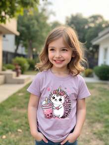 Girls' Cartoon Bubble Tea & Hedgehog Print Round Neck Short Sleeve T-Shirt, Casual Tee For Spring/Summer - Purple - View 8