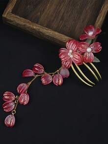 1 pièce Pince à cheveux style coréen élégante avec fleur d'hibiscus rouge/fleur hawaïenne et pompon, 8 cm de long, résistante à la décoloration, à la mode & exquise, convient pour le port quotidien des femmes & des filles, peut être utilisée comme accessoire pour cheveux ou coiffe, peigne à cheveux, peigne latéral - multicolore - Voir 4