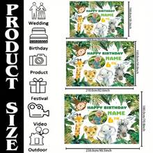 1 pieza de Pancarta personalizable de poliéster para fiesta de cumpleaños, muestra foto personalizada, nombre y edad, con temática de animales, adecuado para decoración de fiesta de cumpleaños, con lindos dibujos animados de animales de la selva, disponible en múltiples tamaños