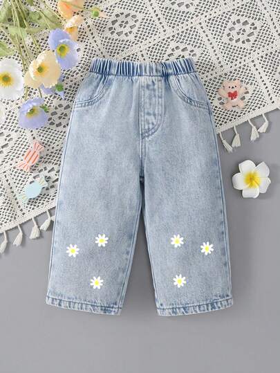 1 pieza Jeans rectos de cintura elástica con estampado floral casual para niña, corte holgado, para primavera/verano