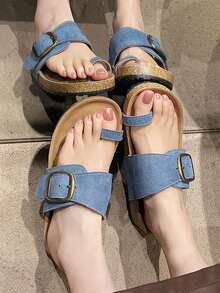 1 Pair New Fashionable Girl & Teenage Slippers, Comfortable Foot Feel, Canvas Upper Design, Suitable For Outdoor Beach, Daily Commute & Walking - Baby Blue - View 5