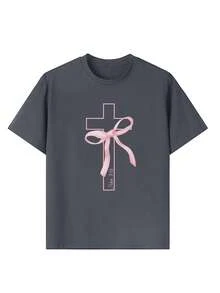 1 件女童休闲蝴蝶和十字印花圆领短袖 T 恤，夏季学生青年服装 - 激发想象力和自我表达 - 深灰色 - 查看 4