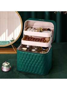 Makeup And Nail Storage Box - Multi-Layer Drawer-Style Cosmetic Organizer, Portable Makeup And Nail Bag, Luxurious Quilted Design, Perfect For Storing Cosmetics And Skincare Products - Pink - View 2
