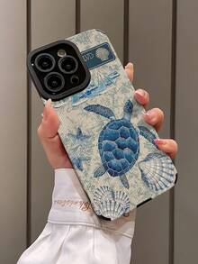 1 Pc Vintage Blue Floral Shell & Turtle Pattern Classic Soft Silicone Protective Phone Case Compatible With IPhone & - Multicolor - View 3