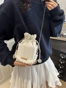 Mini bolsa de cordón con textura de patrón de cocodrilo, bolso de acrílico de moda con asa de perlas - Beis - Ver 5