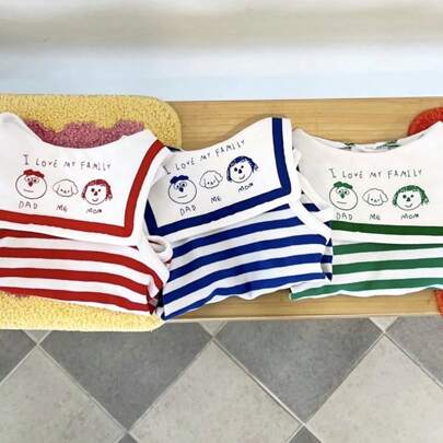 Gilet con colletto blu navy, abbigliamento per animali domestici a righe, con scritta "I Love casa" e stampa cartoni animati, adatto per gatti e cani