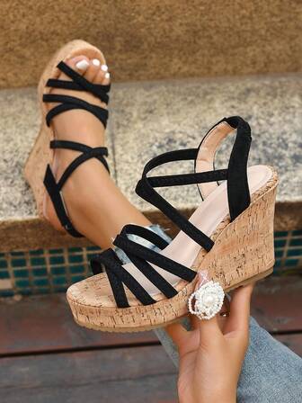 Damsandaler med sommarband i mjuk kork med kil – design med öppen tå, högklackat tjock plattform Khaki Sandaler med ökad höjd, Casual Beach Essential, vävda sandaler