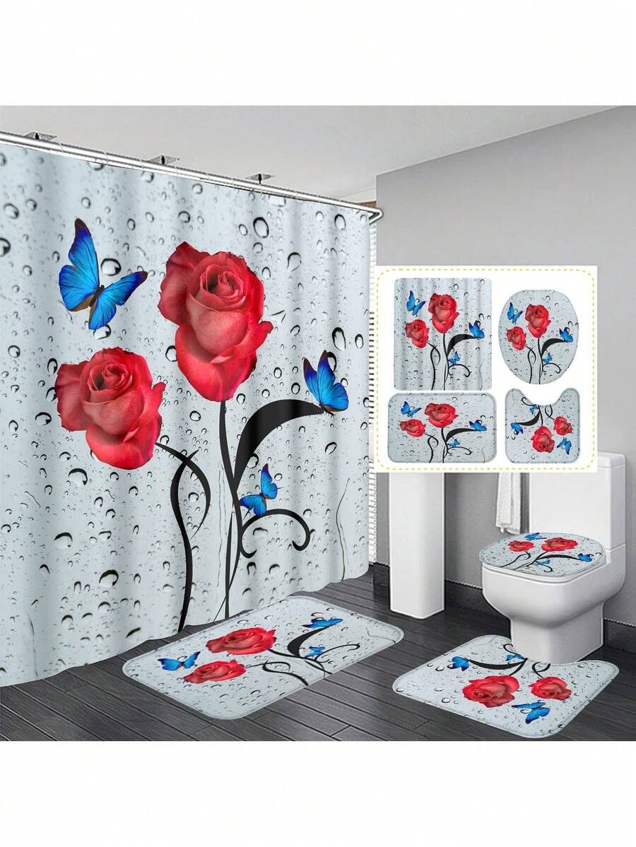 1pc/4pcs Romantic Rose & Butterfly Printed Bathroom Curtain Set, Adds Dreamy Atmosphere To Bathroom. Includes Shower Curtain With 12 Hooks, Bath Rug, U-Shaped Toilet Mat, Toilet Lid Cover, Bathroom Divider, Bathroom Accessories, Bathroom Decor
