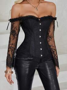 Top corset à manches évasées en dentelle et tulle style gothique sombre, épaules dénudées. Fermeture avant avec laçage en forme d'arête de poisson pour un effet affinant de la taille. Convient pour Halloween, soirées rétro, tenue sexy - Noir - Voir 6