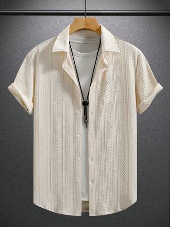 男士简约休闲纯色夏威夷短袖纽扣衬衫