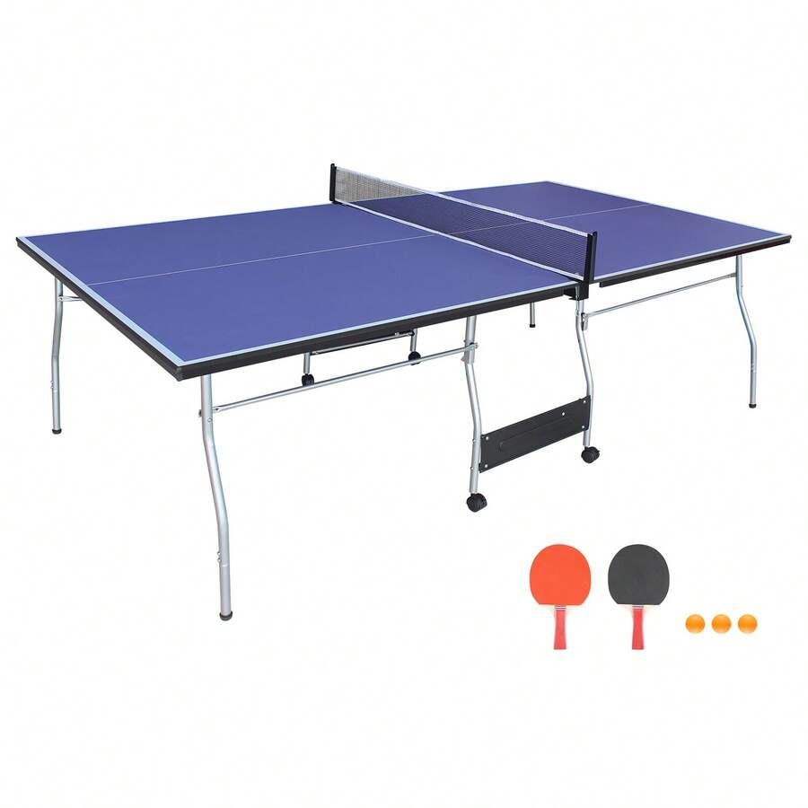 8ft Mid-Size Table Tennis Table Foldable & Portable Ping Pong Table Set For Indoor & Outdoor Games With Ping Pong Net, 2 Table Tennis Paddles And 3 Balls