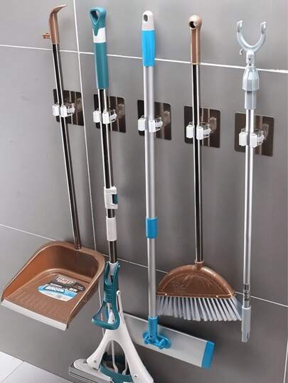 6pcs Plastic Mop Holder, Household Storage Rack, Adhesive Mop Clip Organizer, Brush Holder, Bathroom Laundry Room Storage Rack, Mop Holder Hook, Wall-Mounted Broom Clip, Self-Adhesive Mop Rack, Detachable Waterproof Non-Slip Useful Hook, Adhesive Mop And Broom Rack
