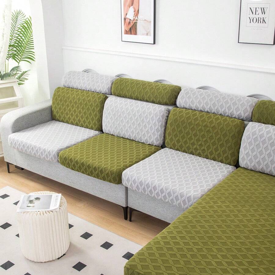 1pc Stretch Full Coverage Sofa Seat Cushion Cover - Diamond Grid-olive Green-regular - View 1