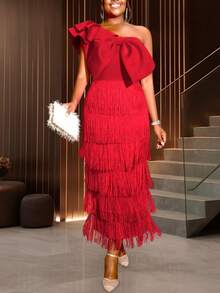 纯色蝴蝶结装饰不对称单肩荷叶边流苏长裙，优雅鸡尾酒会礼服，适合假日、正式场合，如婚礼宾客、生日、毕业典礼、晚宴、新年夜、情人节等。 - 紅色 - 查看 5