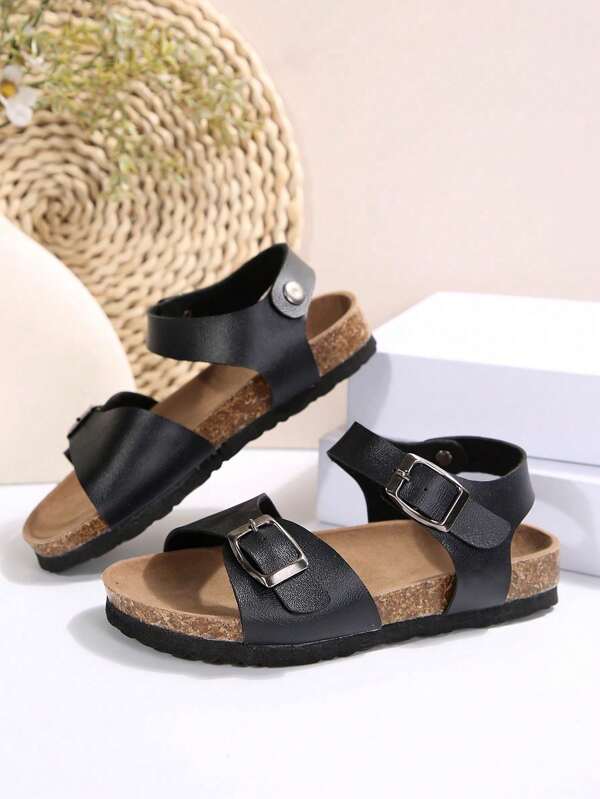 Kids Soft Cork Slides Flat Non-Slip Comfortable Lightweight Casual Hook And Loop Open Toe Beach Sandals For Boys & Girls
