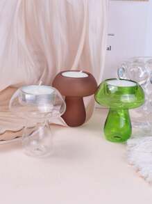 1pc Glass Mushroom Shaped Candle Holder, Green, Transparent, Coffee Color, Mushroom Style Candle Holder, Restaurant Decor (Candle Not Included)