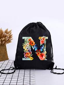 1pc A-Z Floral Letter Design, Children Outdoor Sports Bag, Outdoor Football/Basketball Backpack, Unisex Outdoor Adventure Hiking Drawstring Bag, Large Capacity, Lightweight - Color - View 7