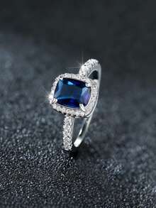 1 件优雅奢华的蓝宝石蓝色方晶锆石钻石订婚/结婚戒指，送给女友/未婚妻的礼物 - 藍色 - 查看 7