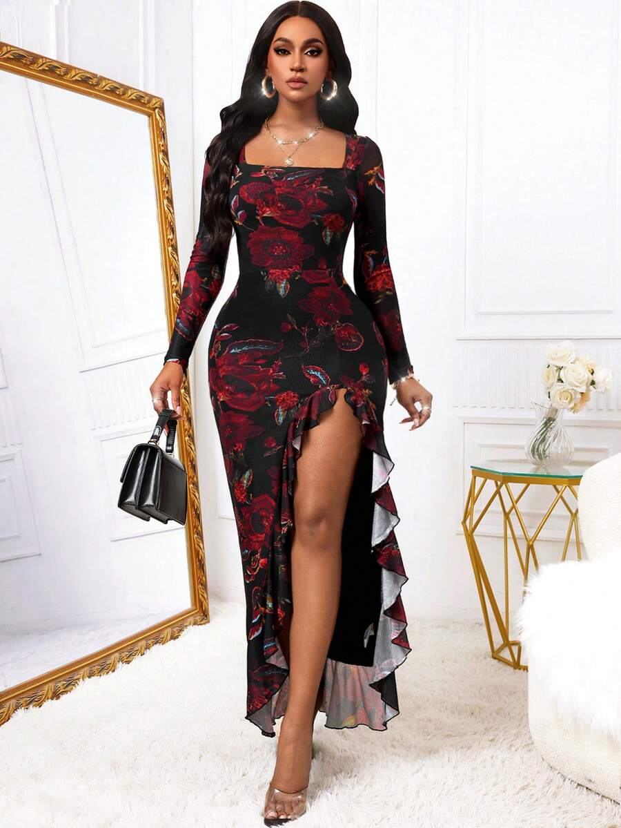 Women Romantic Asymmetrical Valentine's Day Two-Layer Slim-Fit Print Mesh Red Dress - Black - View 1
