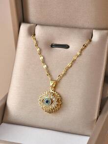 1pc Fancy Fashion Blue Cubic Zirconia Rotational Devil's Eye Stainless Steel Necklace - Yellow Gold - View 1