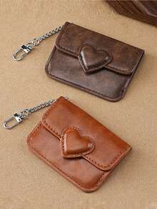 Oiled Leather Coin Purse, Premium Heart-Shaped Wallet, Convenient Mini Pouch, Student Multi-Card Magnetic Card Case - Multicolor - View 3