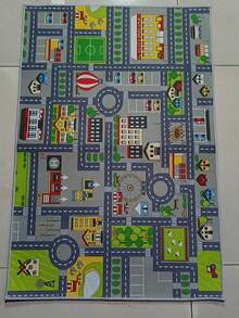 色彩鲜艳的益智游戏垫，图案包括游乐场、动物和交通工具，适用于客厅、卧室、厨房，多种尺寸可选，可机洗。 - 灰色 - 查看 3