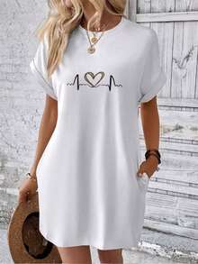 Camiseta casual relajada de uso diario para mujer con bolsillos laterales y estampado gráfico de latidos de corazón - Blanco - Ver 1